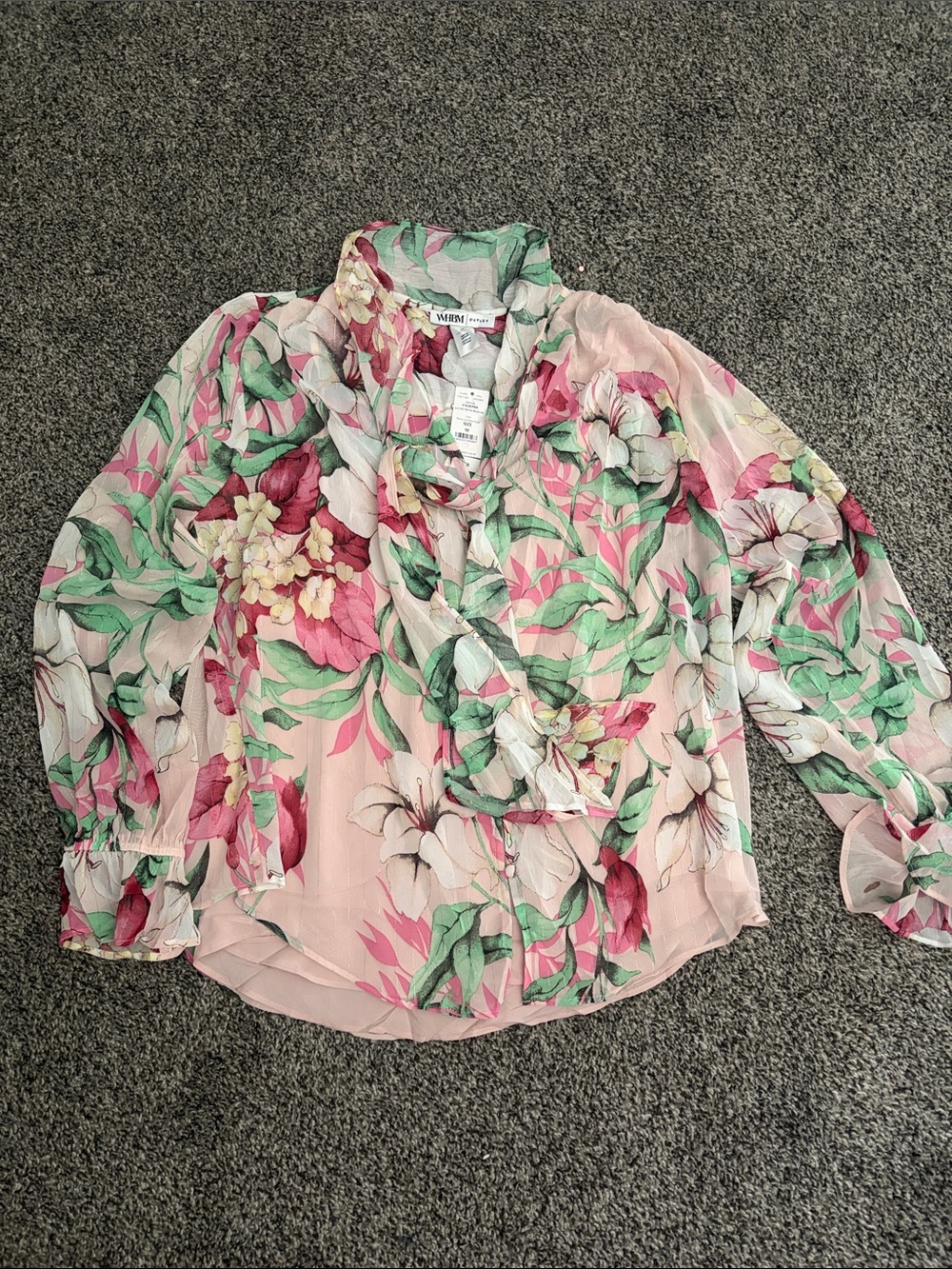 White House Black Market Pink Floral Tie-Neck Blouse